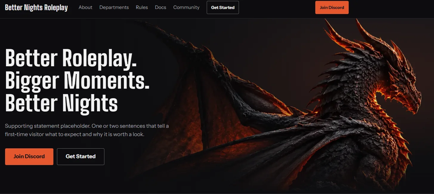 The Better Nights Roleplay home page, built with Draconis